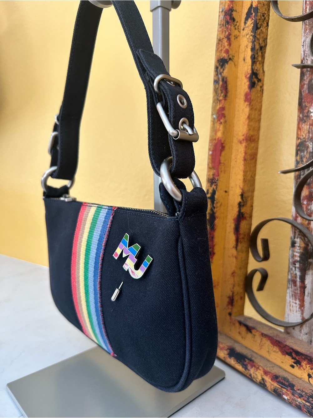 Marc Jacobs Black Canvas Rainbow Stripe Shoulder Bag Y2K Baguette Festivalstyle - Picture 7 of 13